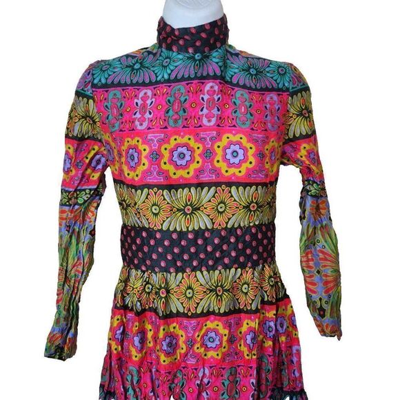 Vintage 60s Maxi Dress Womens Size S Neon Floral Paisley Groovy Hippie Boho - Picture 2 of 13